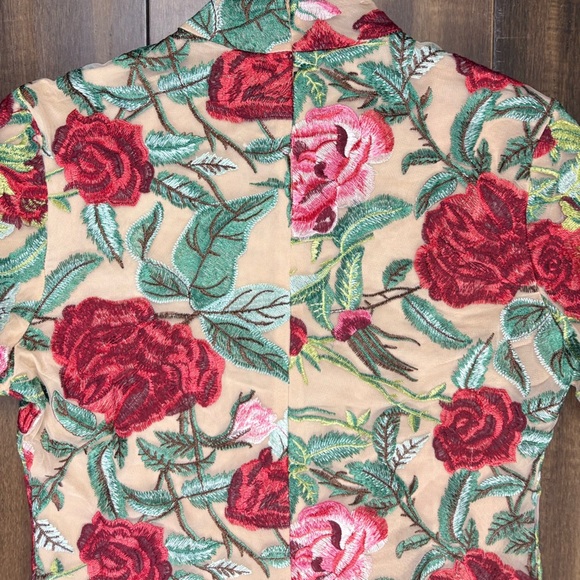 Size M Mock Neck Long Sleeve Mini Dress 3D Flowers Bodycon Tulle Red Pink Green - Picture 10 of 14